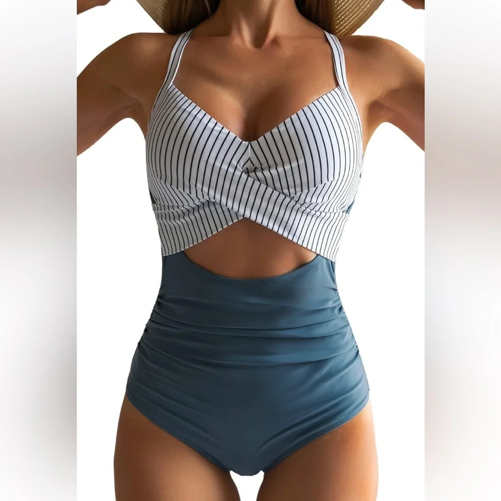 SOLD Women's One Piece Bathing Swimsuit Cutout High Waisted Tie Back Size L - Picture 2 of 12